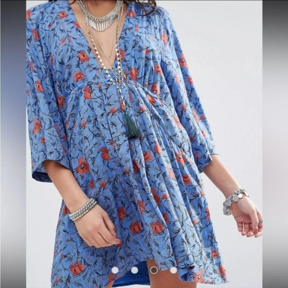 Free People Tallula Wide Sleeve Boho Dress in Blue Combo - Size Large - Picture 2 of 9